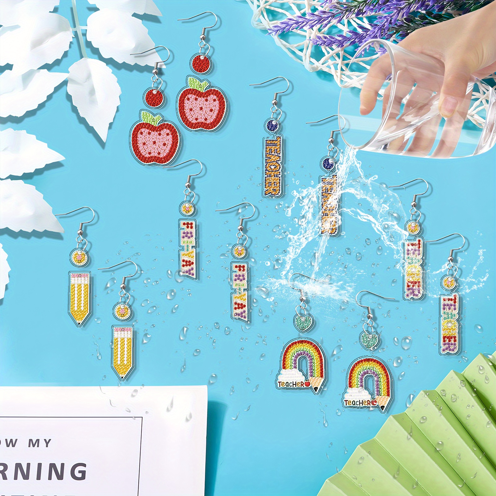 12pcs Letter Pattern Diamond Painting Earrings, Teacher's Day Theme
